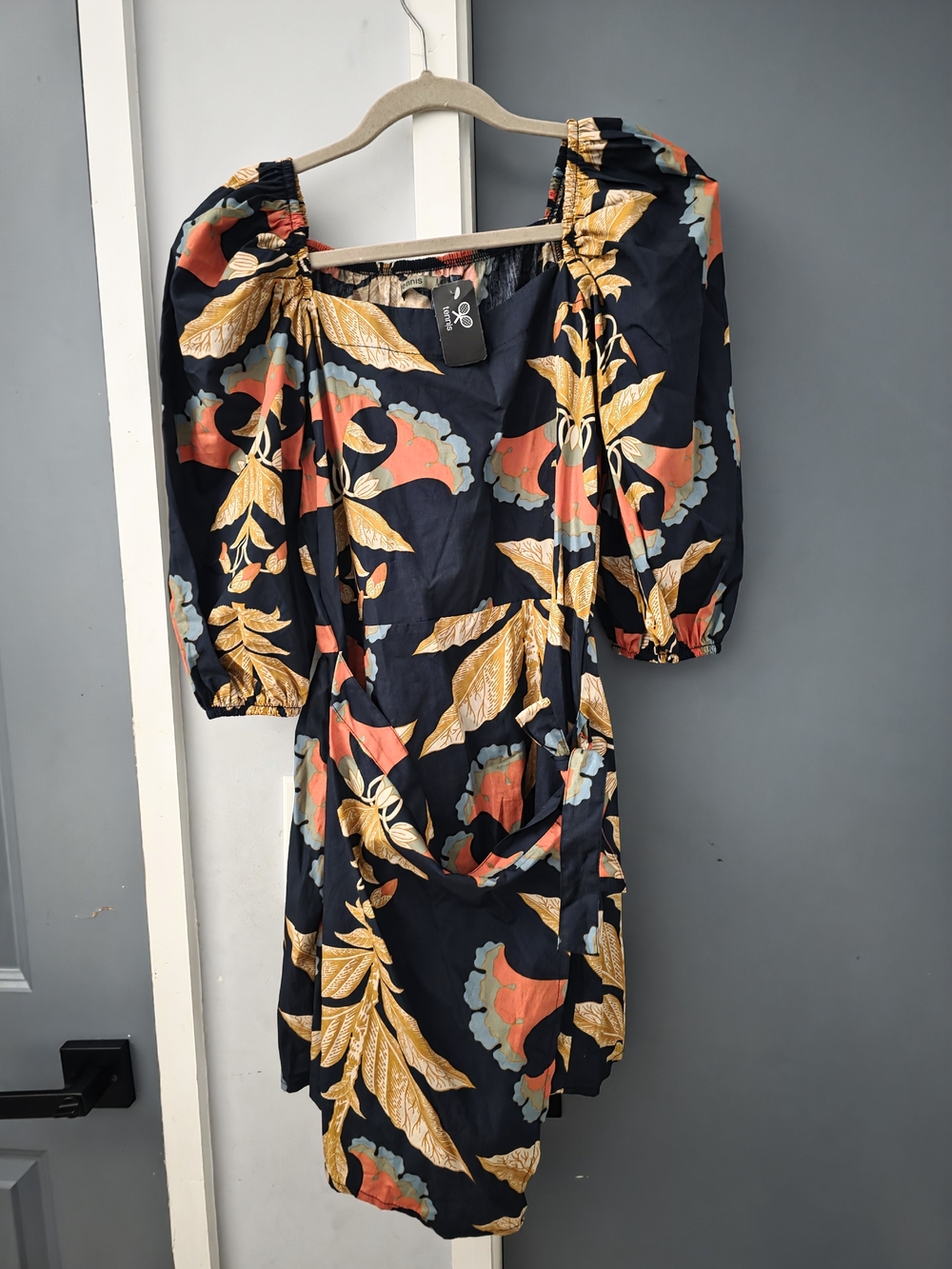 Navy Floral Puff Sleeve Mini Dress with Gold Leaf Print